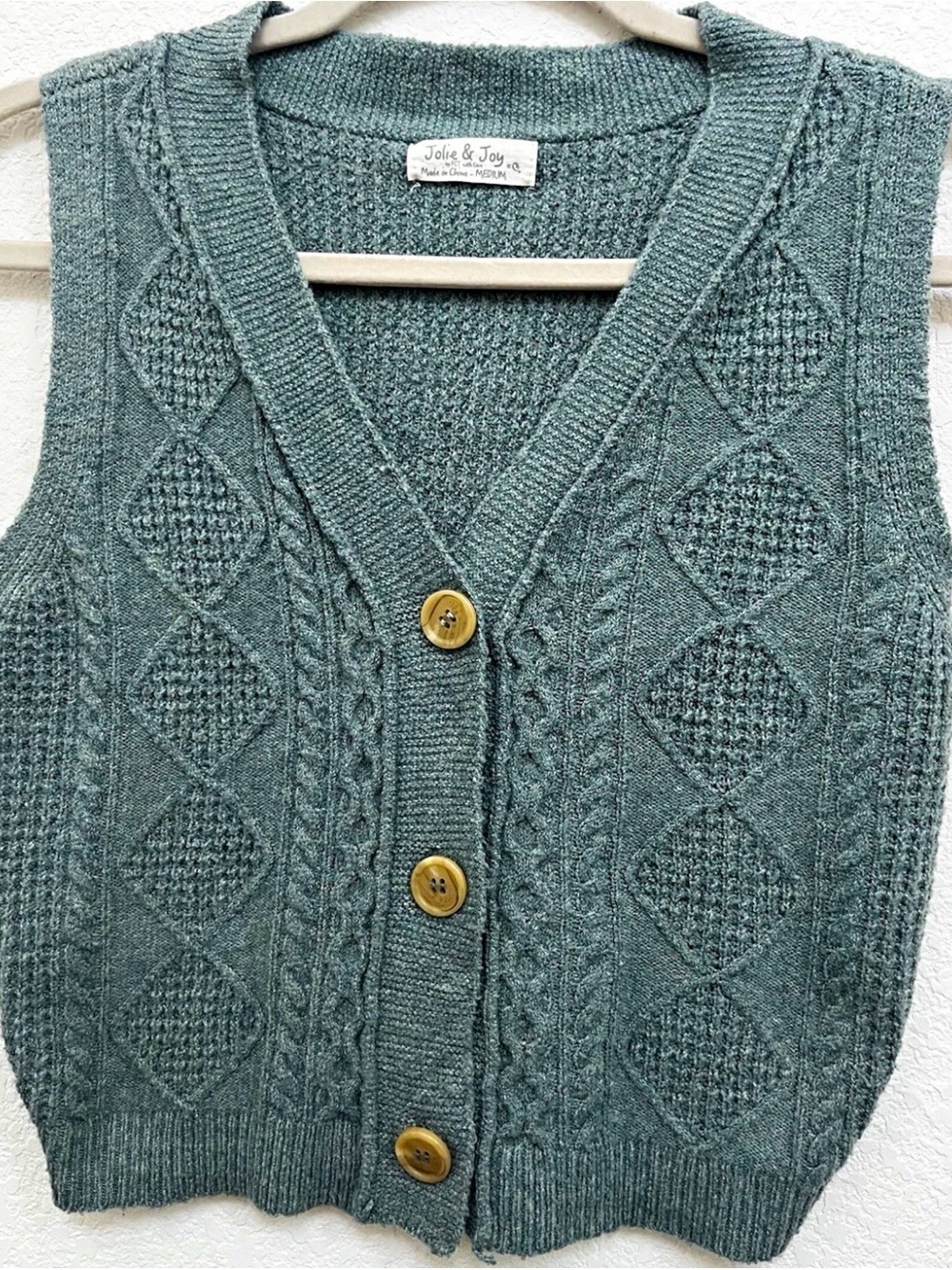 Jolie & Joy Teal Cable-Knit V-Neck Button Sweater Vest